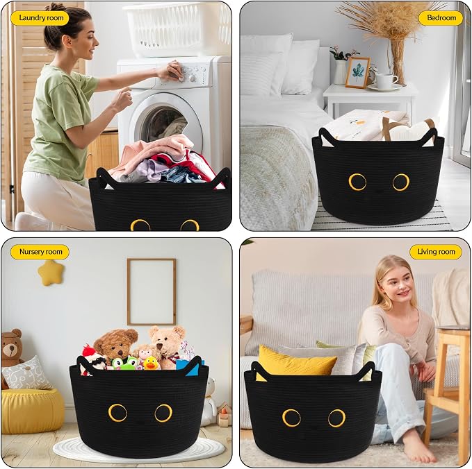 Large Black Cat Basket for Nursery,Cute Cat Woven Laundry Blanket Cotton | Rope Extra Storage Basket with Handles, 0rganize Decorative Gifts for Towels Pillow Clothes Hamper Toy Bin,23"D×13"H
