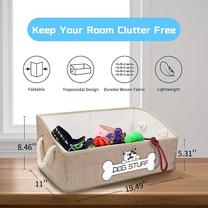 Dog Toy Basket, Storage Bin, Collapsible Box for Pet Accessories | Fabric Container With Handle, Trapezoid Holder for Small Medium dogs, Organizer for Living Room, Yellow