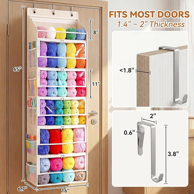 Over the Door Yarn Storage Organizer, 6-Tier Large Capacity Yarn Organizer | with Zippered Compartments & Mesh Pockets for Yarn, Needles and Crochet Hooks