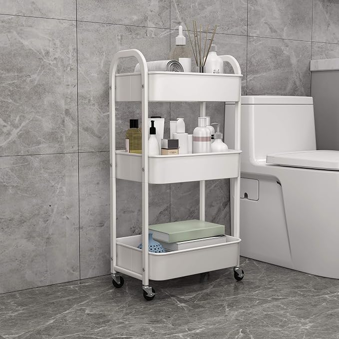 3-Tier Rolling Utility Cart with Caster Wheels,Easy Assembly, White | Easy Assembly, multi-purpose storage trolley for kitchen, rolling cart with smooth caster wheels for bathroom