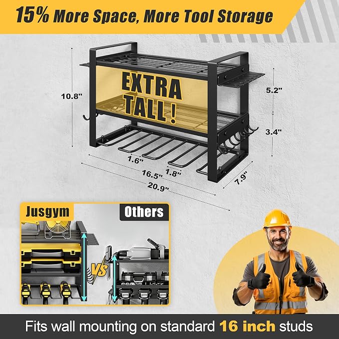 Power Tool Organizer Wall Mount, 150LBS Capacity, 3 Tier, 4 Drill Holders | 3-Tube Reinforced Design, Holds 50+ Tools, Cordless Tool Organizer, Rust Resistant, Quick Assembly, Garage Gift for Men