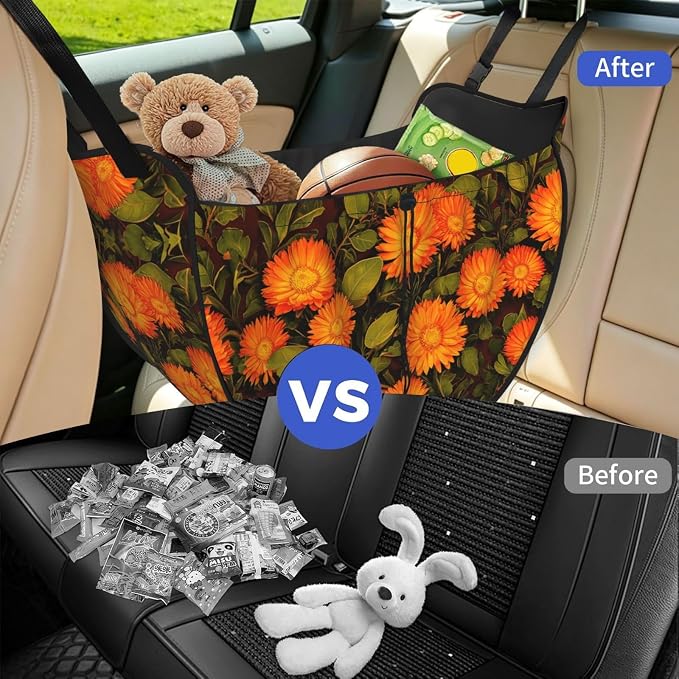 Marigold pattern Car Seat Organizer-Backseat Storage Bag for Travel | Waterproof Durable. Holds Snacks Gear Essentials. Fits Most Cars.