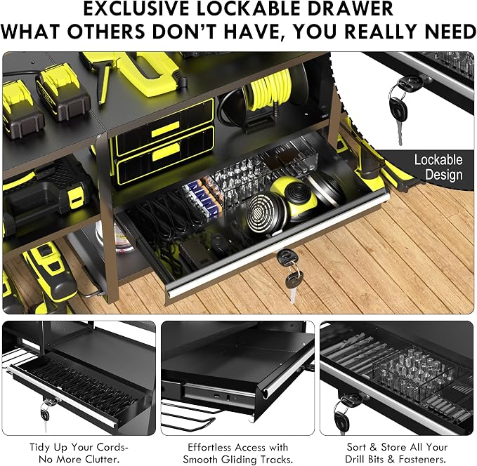 KSVO Large Power Tool Organizer Wall Mount with Locking Drawers, Black | Grinder Holder, Hammer & Pliers Rack, 6-Outlet Charging Shelf, Heavy-Duty Metal Storage for Garage & Workshop