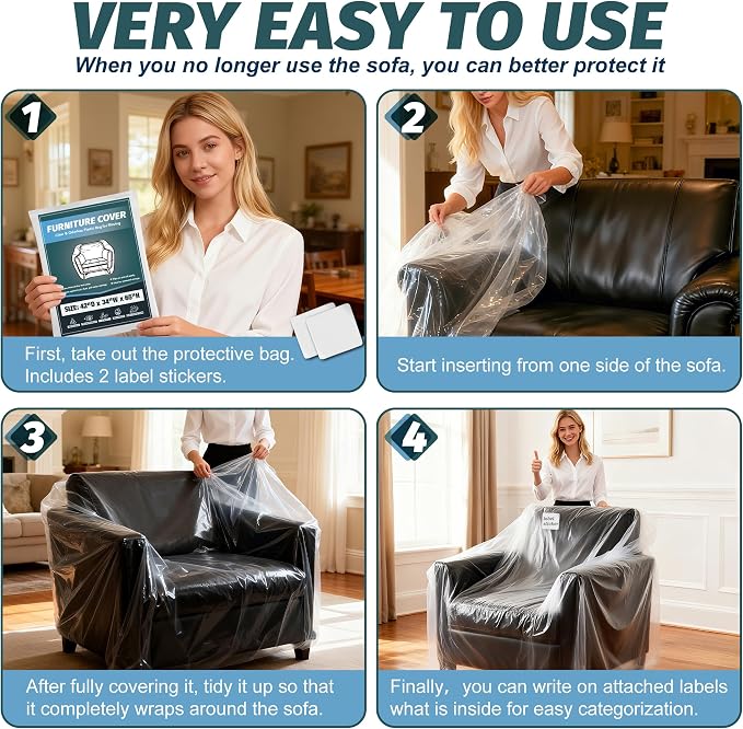 4 Pack Clear Plastic Moving Chair Furniture Covers for Storage | Extra Large 65x 42 x 34 Inch, Waterproof and Dust Proof With Label For Storage and Moving