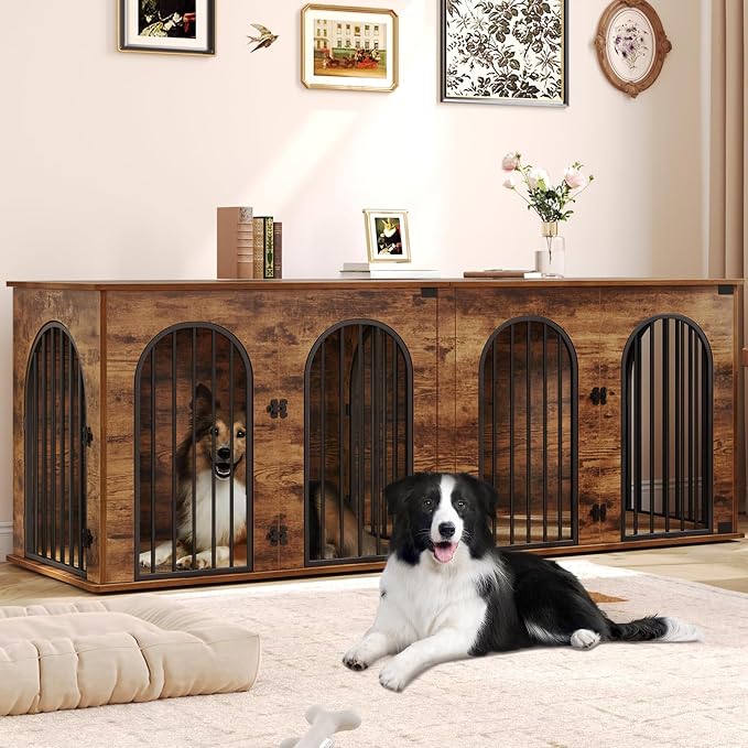 Hzuaneri 86.6" Double Dog Crate Furniture, Dog Kennel Indoor with Cushion | Heavy Duty Dog Crate Furniture for 2 Dogs,Dog Cage End Table TV Stand with Divider for Med-Large Dog,Rustic Brown DFC84001BV1