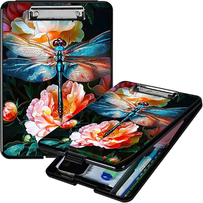 Peony Dragonfly A4 Clipboard with Storage Pen Holder, Clipboards Organizer Nursing Clipboard Foldable File Folder Plastic Clipboard Folio Clip Board for Office Students Classroom Doctor