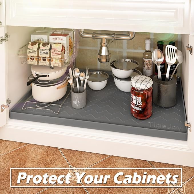 TigeJoy Under Sink Mats for Kitchen Waterproof 28" x 22", Cabinet Liner | Leak-Proof Silicone Mat Sink Protector, Kitchen Essentials Organizer and Storage,Boot or Shoe Tray, Pet Feeding Mat