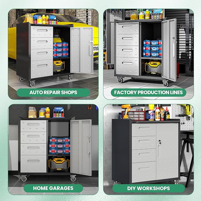 Garage Cabinets,Metal Garage Storage Cabinet with Wheels,Lockable Rolling Tool Cabinet with Drawer and Adjustable Shelves,Heavy Duty Tool Chest for Home Office Utility Room,Black/Grey