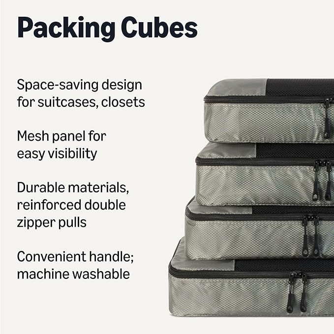 Amazon Essentials 4-Piece Packing Cubes Travel Accessories Set, Luggage Organizer, Suitcase Organizer with Double Zipper, Mesh Top, Space-Saving, Large, Gray (Previously Amazon Basics)