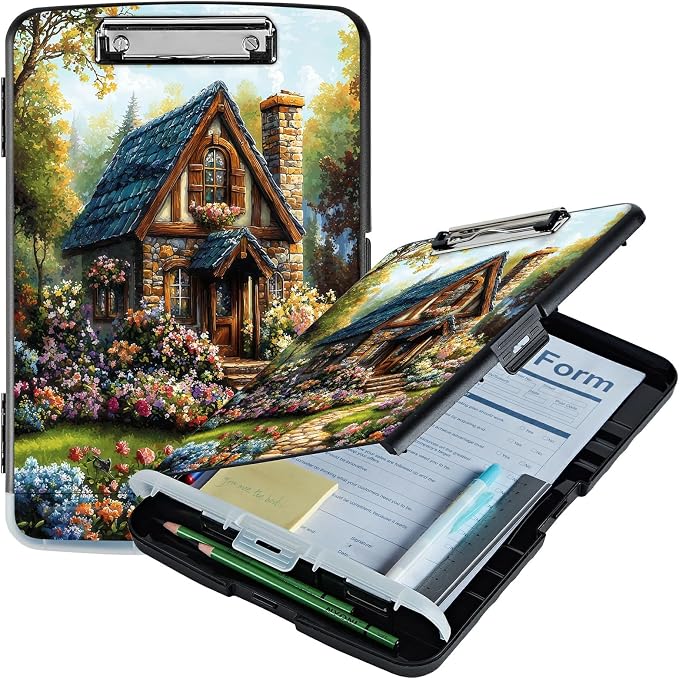 A4 Clipboard with Storage Pen Holder, Clipboards Organizer Nursing Clipboard Foldable File Folder Plastic Clipboard Folio Clip Board for Office Work Classroom Doctor, Garden Castle