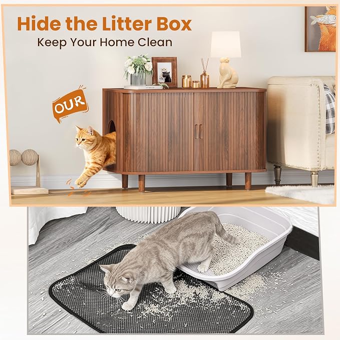 Snughome Cat Litter Box Enclosure, 35.4'' Hidden Litter Box Furniture with Sliding Door, Modern Hidden Litter Box Cabinet, Wooden Indoor Cat House, TV Stand, Side End Table for Living Room, Walnut