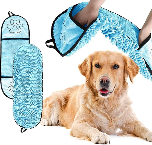 Absorbent Dog Towel, Microfiber Quick Drying Towel, Super Absorbent Machine Washable Pet Towel with Hand Pocket, 9 x 23 inches (Blue)