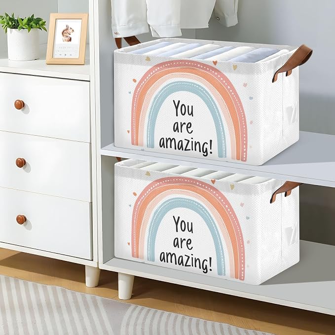 You Are Amazing Quoted Rainbow Positive Baby Storage Basket with Labels&Handles Rectangular Nursery Storage Bins Collapsible Shelf Organizer Baskets for Kids Books Cloth Gift Basket Toys Laundry
