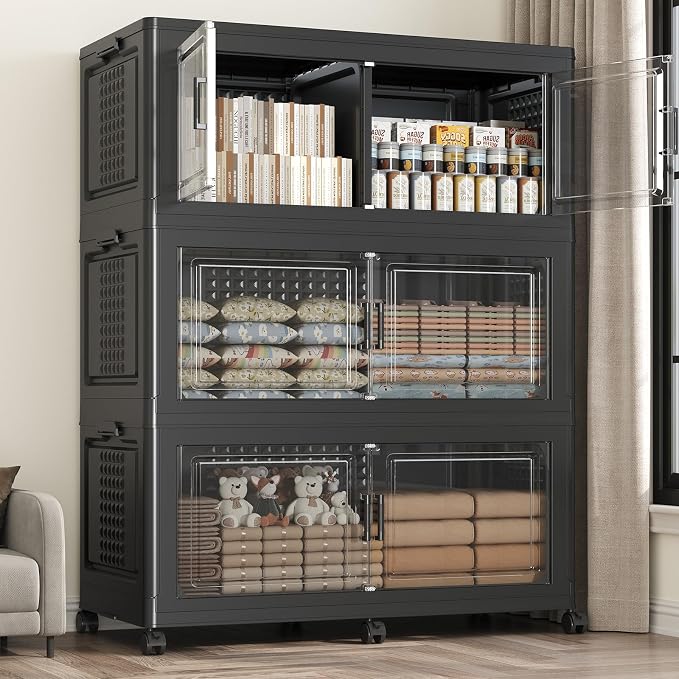 150Gal Stackable Storage Bins with Lid 3-Tier Collapsible Cabinet Closet Organizer Box with Wheels, 600QT Large Plastic Drawer Container with Doors for Clothes Kitchen Organizing, Black