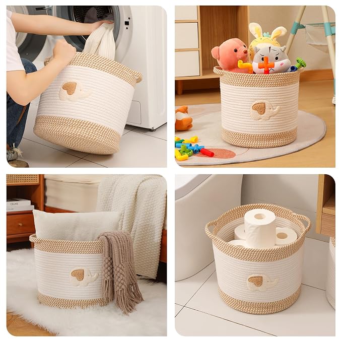 Toy Storage Baskets Woven Cotton Rope Storage Basket for Kids, Blanket Baskets for Living Room Toy Basket Box Toys Organizer with Embroidery Decor Cute Baskets for Nursery, Playroom (Elephant)