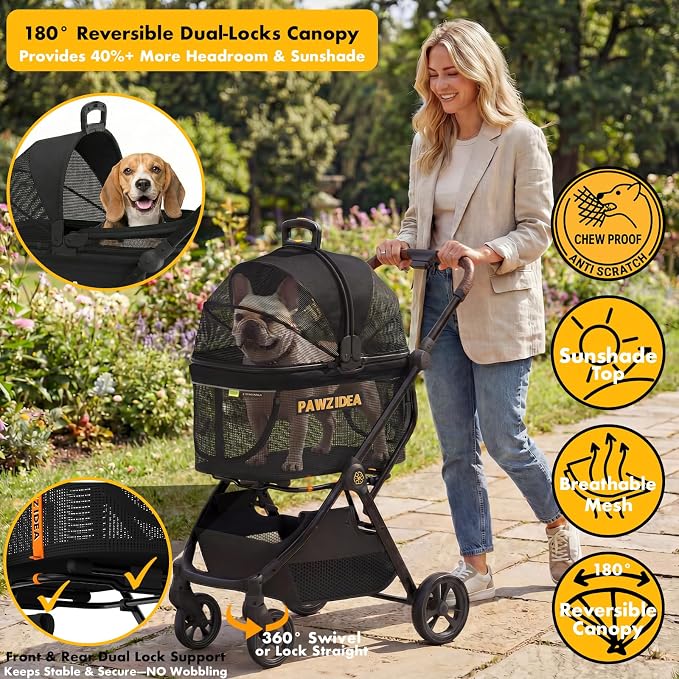 PAWZIDEA Pet Stroller 4-in-1, Foldable Dog Stroller with Detachable Carrier | Escape-Proof No-Zip Canopy, Portable Travel Crate & Car Seat Combo, for Small to Medium Dogs & Cats up 33 lbs, Storage Basket
