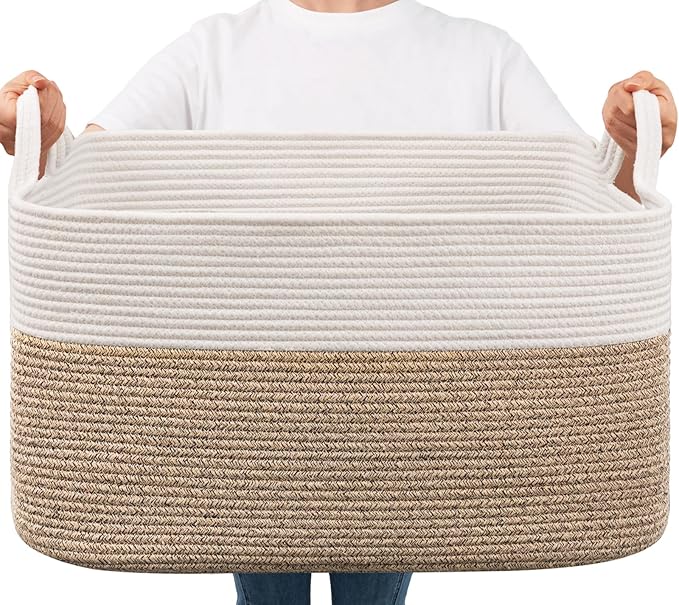Goodpick Large Woven Rope Blanket Basket, Rectangle, White & Light Brown | 21.6" × 14.9" × 11.8" Storage Basket for Pillows & Toys Laundry, Nursery & Living Room Organization, Reinforced Handles