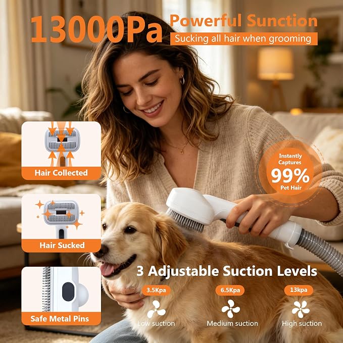 ZYK Dog Grooming Vacuum, All-in-One Professional Pet Grooming Kit (White) | Hair Clipper & Shedding Brush, Low Noise 13,000Pa Dog & Cat Hair Remover Vacuum,Cleaning Brushes, 1.8L Capacity Dust Cup