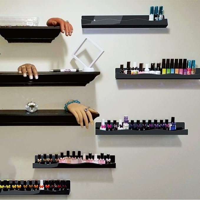 15" Nail Polish Rack Wall Mounted Shelf,6 Pack Black Acrylic Organizer Supplies for Nail Techs,Great Display for Salons Retailers