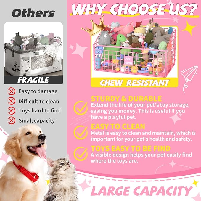 Kaiferty Indestructible Dog Toy basket, Large Toy Bin for Dogs,Pet Toy Bin Dog Metal Basket Organizer Storage for Toys Food Storage (Pink)