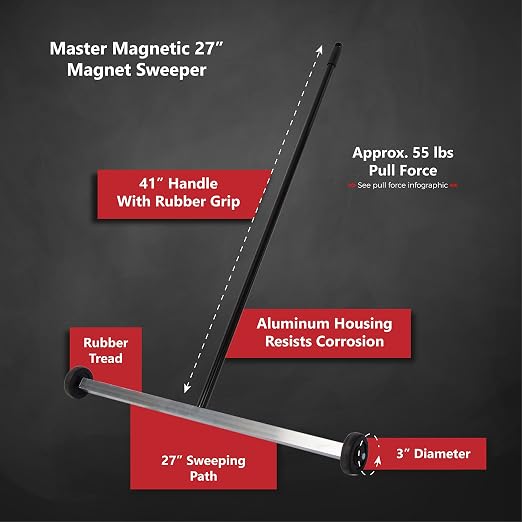Master Magnetics Magnet Sweeper, 27” Wide Push-Type Mini Magnetic Broom with Wheels, Industrial Pick-Up Tool for Nails, Screws, and Metal Debris, 07265