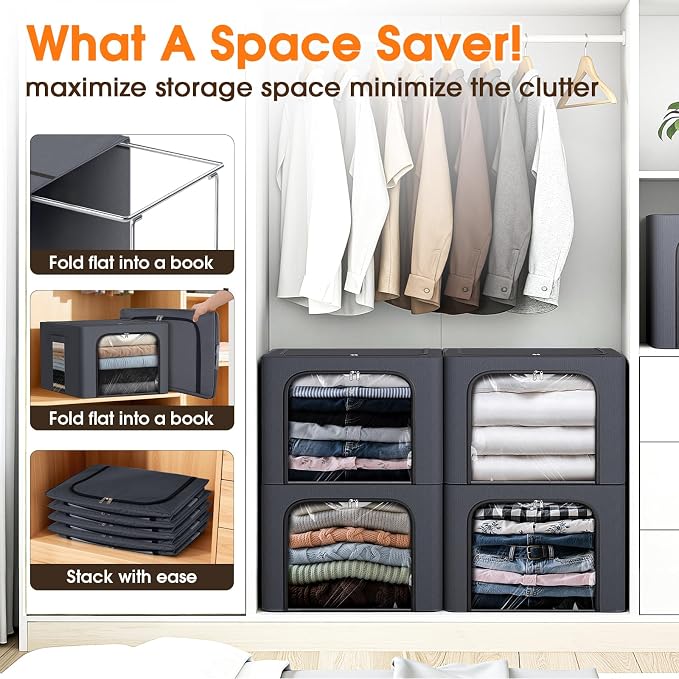 6 Pack Clothes Storage Bins with Metal Frame,40L Storage Bags Fabric Box Organizer with Clear Window,Zippers,Sturdy Handles(6 Pcs,Light Grey,40L)