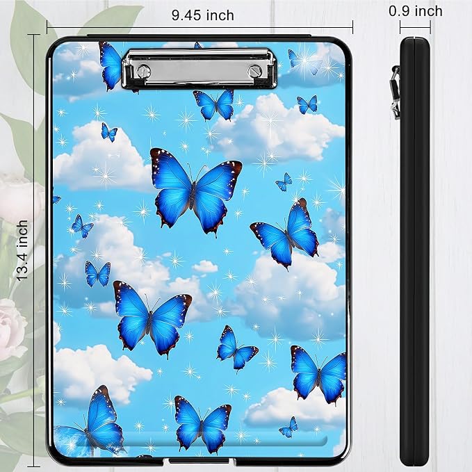 Heavy Duty Storage Clipboard, Slim Nursing Clipboard with Internal Pen Case, Portable File Organizer Case for A4 Letter Size Paper Office Medical Professionals, Blue Butterfly White Cloud