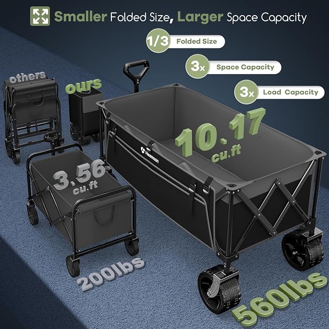 48'' Extra Large Collapsible Wagon, Big Wheels, 300L Grey & Black | 560LBS Heavy Duty, Wagons Carts Foldable, All-Terrain, Brakes, Folding Cart, Utility for Beach/Camping/Garden/Sports/Grocery