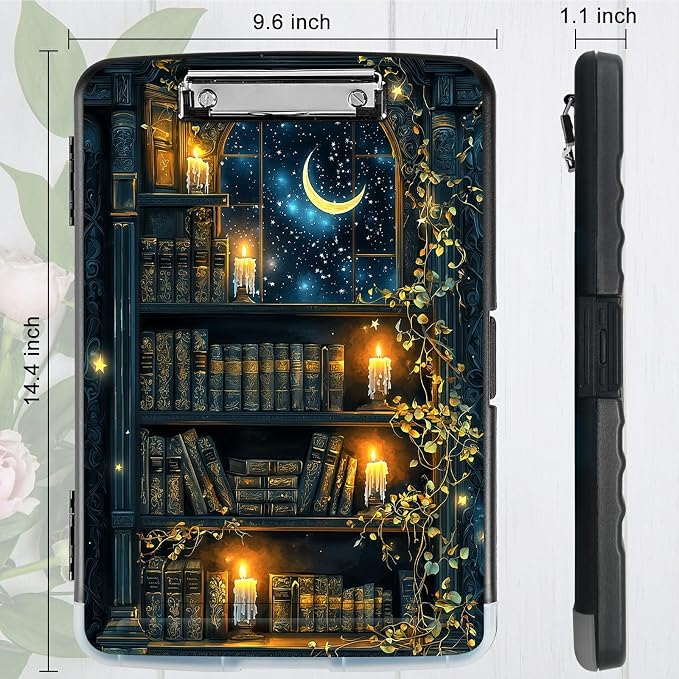 A4 Clipboard with Storage Pen Holder, Clipboards Organizer Nursing Clipboard Foldable File Folder Plastic Clipboard Folio Clip Board for Office Work Classroom Doctor, Vintage Candle Books