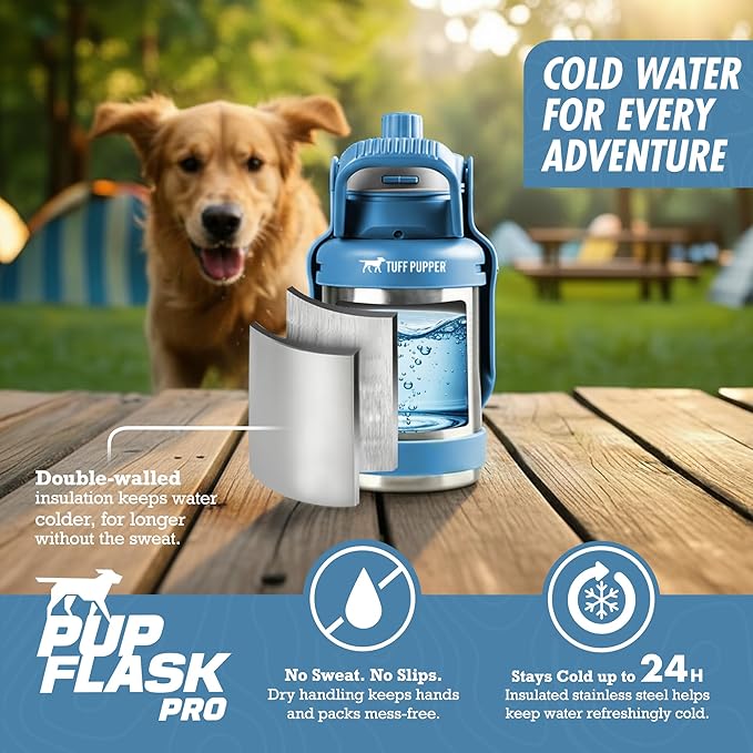 PupFlask Pro Dog Water Bottle | 30 or 50 OZ Double Wall Insulated Stainless Steel | Built-in Flip Cup Bowl | Leak Proof Cap | 24+ Hour Cold Water | Small & Large Dogs | Portable Pet Hydration Bottle