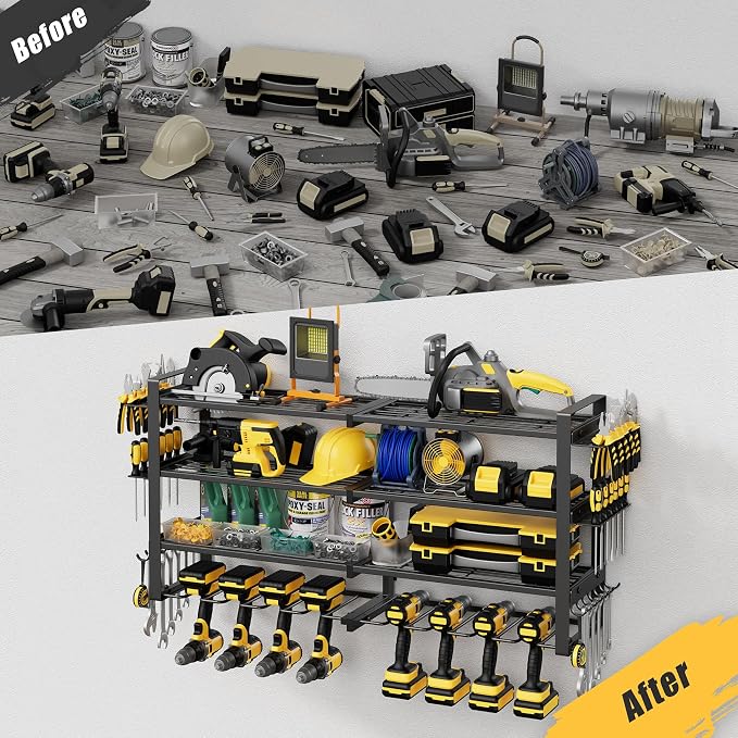 4-Tier Power Tool Organizer Wall Mount, 450LBS Capacity, 8 Drill Holders | 3-Tube Reinforced Design, Holds 50+ Tools, Cordless Tool Organizer, Rust Resistant, Quick Assembly, Garage Gift for Men