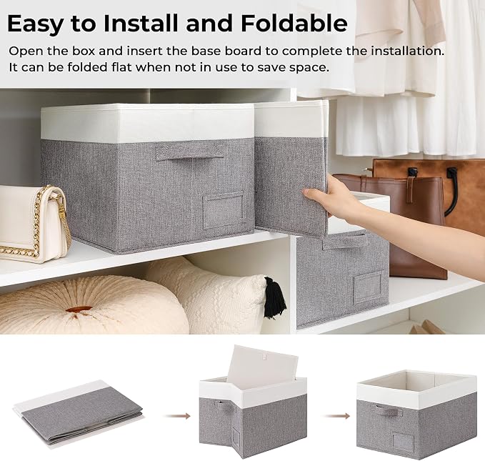 GRANNY SAYS Closet Storage Bins with Label, Gray&White, Large, 3-Pack | Storage Baskets for Organizing, Fabric Bins for Clothes, Closet Organizer Bins, Collapsible Cloth Bins