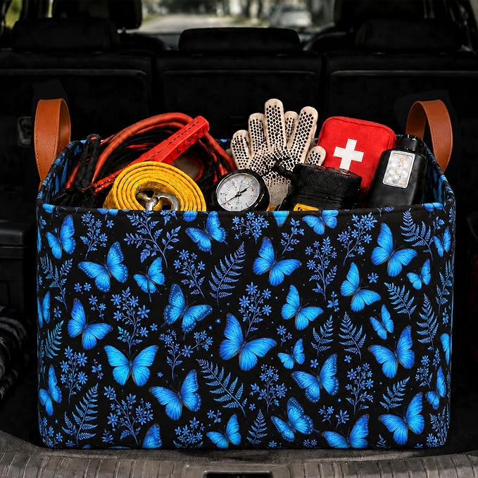 Butterfly Car Trunk Organizer 20L Fold Auto Storage Basket with Handles | Waterproof Soft Storage Chest,Shopping Grocery Bags Rectangle Fabric Bins Storage Box for Car SUV,Butterfly Gifts for Driver