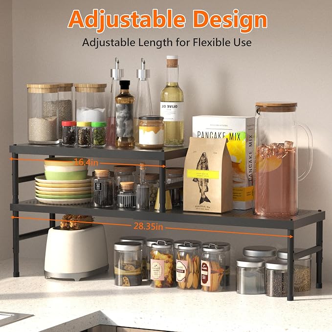 HI NINGER Expandable adjustable stackable kitchen organizer,Spice Racks,Counter Shelf for Cabinets,Small Cupboard Organizers,Heavy Duty Metal Pantry Storage Shelves Racks for kitchen,cabinet