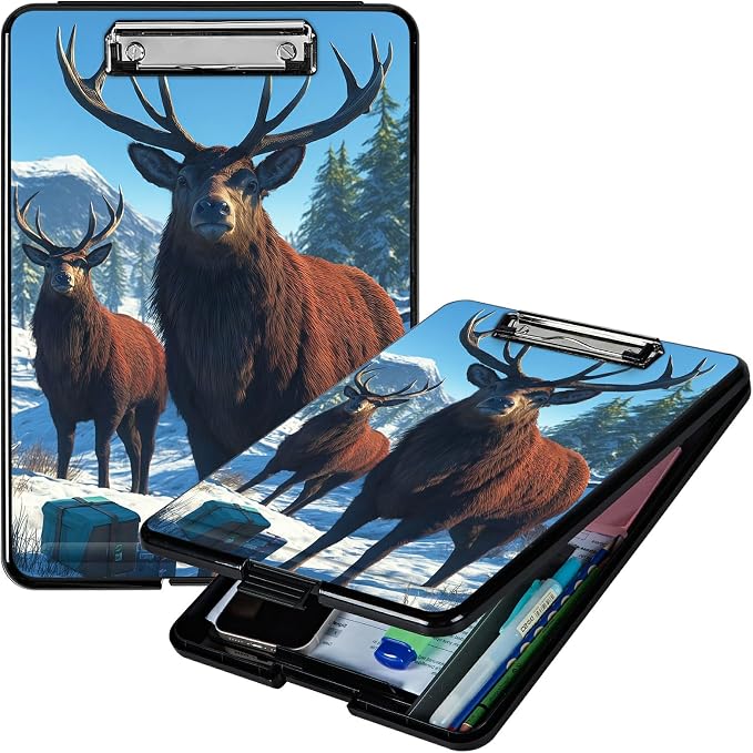 Heavy Duty Storage Clipboard, Slim Nursing Clipboard with Internal Pen Case, Portable File Organizer Case for A4 Letter Size Paper Office Medical Professionals, Snow Mountain Deer