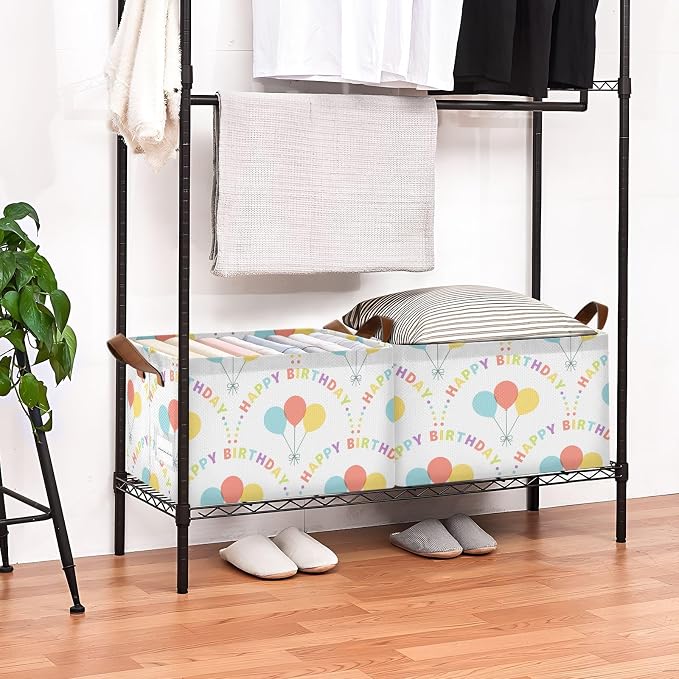 Happy Birthday Quoted Balloon Storage Basket Foldable Cube Storage Bins with Handles&Label Collapsible Organizer Box Bin Large Rectangle Decorative Baskets for Shelves Home Living Room Closet