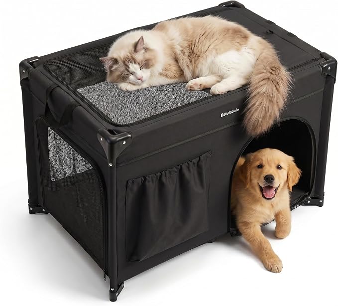 36 Inch Collapsible Travel Dog Crate, 4 Doors & Soft Pet Mat | Portable Dog Travel Crate for Medium Dogs,Large Storage Bag & Breathable Mesh,Soft Sided Dog Crate for Indoor & Outdoor Black