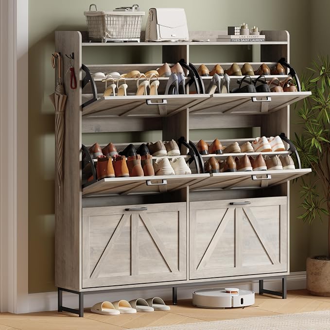Xixini Shoe Storage Cabinet with 6 Flip Drawers, Entryway Shoe Rack, Grey | Freestanding Narrow Shoe Storage, Hidden Slim Wood Shoe Organizer, Modern Farmhouse, Open Storage & Hooks for Closet, Hallway
