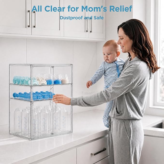 HBlife Baby Bottle Storage Organizer for Countertop Cabinet, 3 Tiers Adjustable Clear Acrylic Bottles Storage Station Case Box Container with 2 Removable Dividers and Magnetic Double Door, X-Large