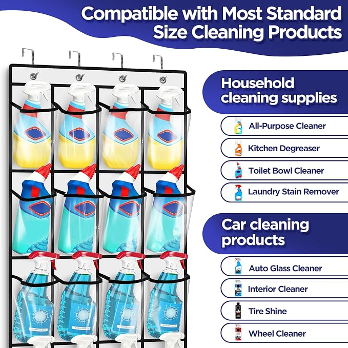 Clear Cleaning Supplies Organizer,Cleaning Products 24 Large Pockets | Over The Door All Purpose Cleaner Holder for Laundry Bathroom, Auto Glass Cleaner Organizer for Garage,Spray Bottle Holder