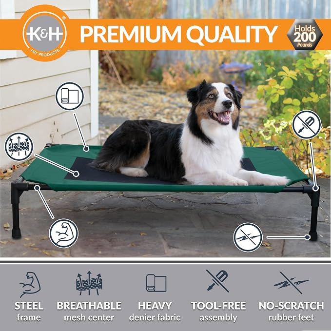 K&H Outdoor Elevated Dog Bed, Cooling Raised Dog Bed, Green, Large 42x30in | Pet Cot for Medium & Large Pets, Breathable Mesh Center Hammock Design, Indoor/Outdoor Washable Cover, 42x30in