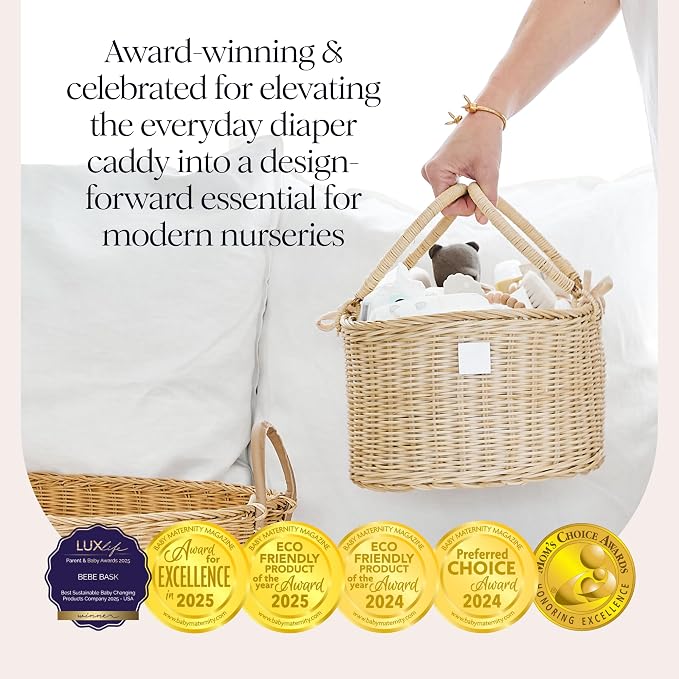BEBE BASK Premium Baby Diaper Caddy Organizer Basket with Cotton Divider | Handmade & Award-Winning, Rattan Diaper Basket, Newborn Essentials, Nursery Basket, Removable Divider, Baby Shower (SAVANNAH)