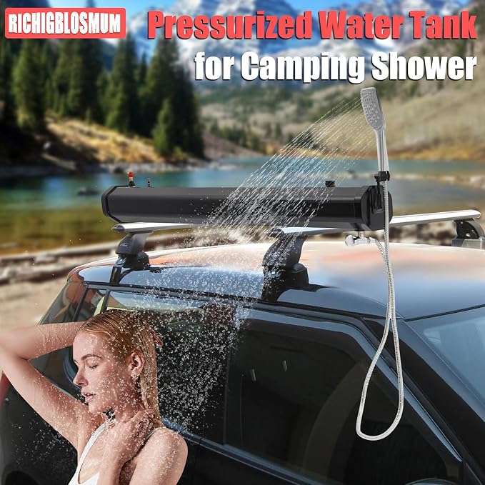 4.8-7.9Gal Portable Roof Rack Water Tank – Sun-Powered Pressurized Shower for Overlanding, Pet Washing, Gear Cleaning & Vehicle Water Storage – Includes 5.58ft Hose & Carry Bag,7.9Gal/30L