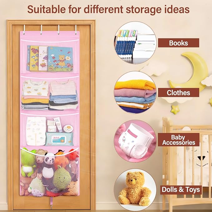Over Door Stuffed Animal Storage, Hanging Plush Toy Organizer Holder | Behind Door Organizer with 4 Large Pockets, Mesh Hammock Bag for Doll & Bear Stuffies, Idea for Girl Boy Kid Nursery Closet