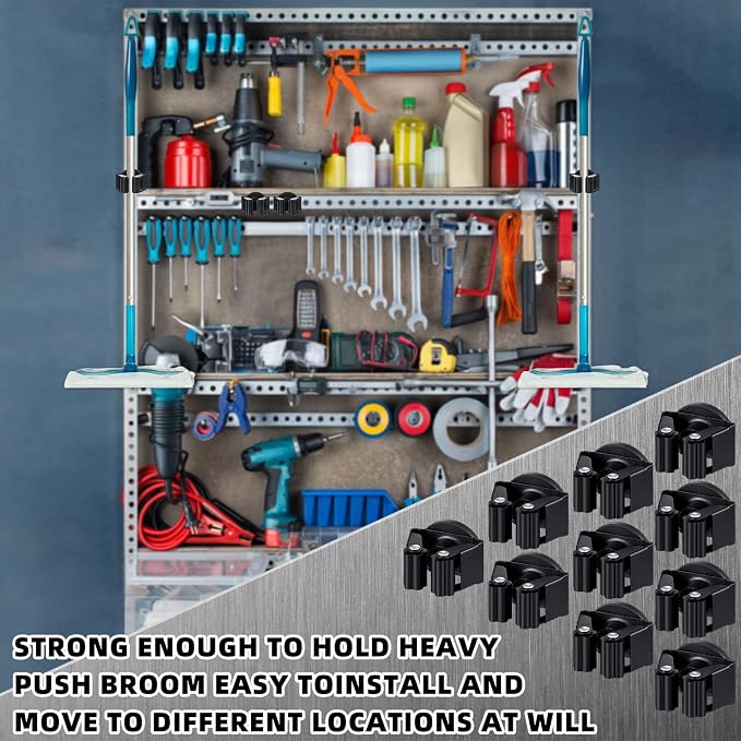 Vercraft 10 Pcs Magnetic Broom Holder Wall Mounted Anti Slip Rack,Black | Movable Magnetic Organizer for Mops Brooms, Dual Roller Grip, Wall Storage for Garage Kitchen Laundry Garden Tools