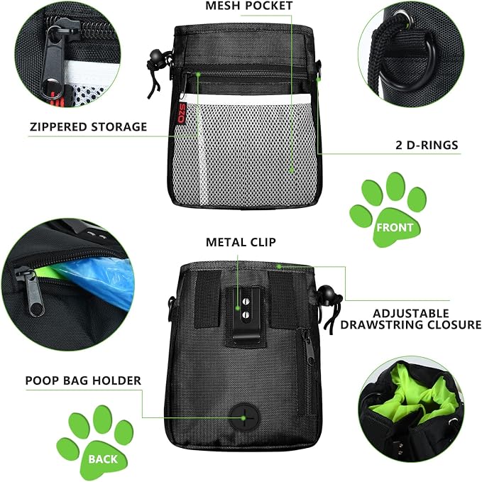 SZO Dog Training Treat Pouch with Training Clicker, Black | Dog Treat Pouch Set Includes Clicker for Pet Training, 3 Wear Styles with Waist Belt Shoulder Strap