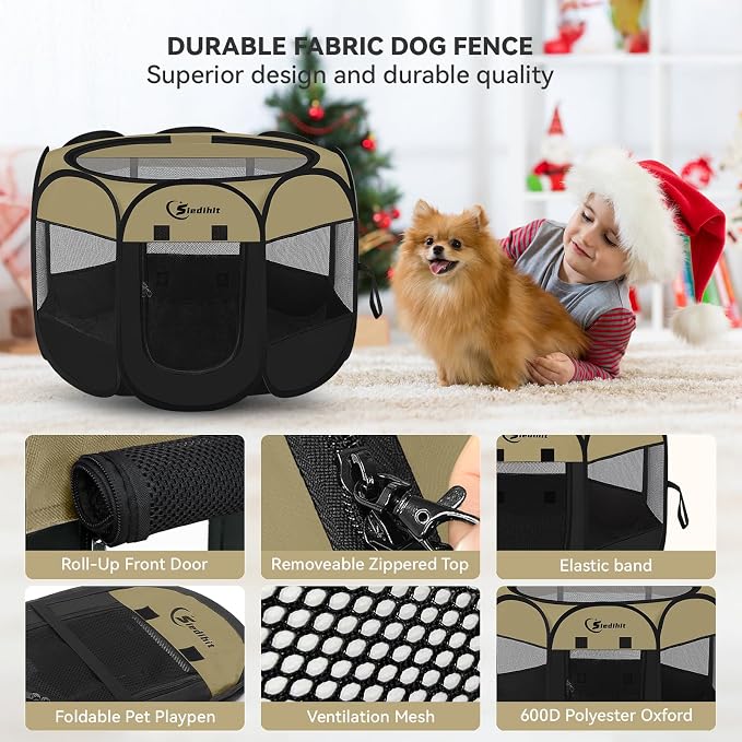 Siedihit Dog Cat Playpen, Medium Puppy Pet Playpen, Dog Crate Tent Cage | Indoor/Outdoor, Portable Pop Up Dogs Kennel Playpen with Carrying Case for Dogs/Cats/Rabbits(Black Khaki, Medium)