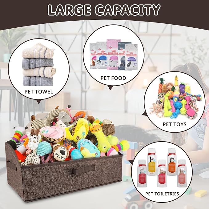 COWOSO Foldable Dog Toy Basket with 3 Handles, Pet Storage Box, Dark Brown | Portable Pet Toy Organizer for Dog Toys & Accessories, Low Front Design, Waterproof Collapsible Storage Bin for Living Room