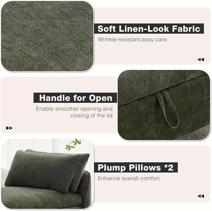 67"End of Bed Storage Bench King Size,Upholstered Bedroom Bench,Green | Linen Storage Bench for Bedroom End of Bed ,2 Cushion, Vintage Wood Legs ,Tufted,Storage Ottoman Bench for Entryway Window