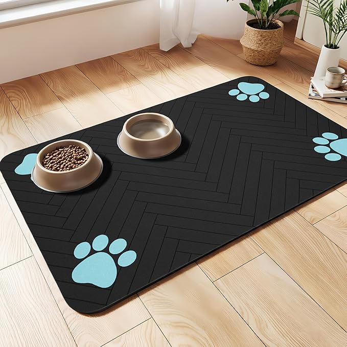 Pet Feeding Mat-Absorbent Dog Feeding Mat for Food and Water Bowl,No Stains Pet Placemat,Quick Drying Water Dispenser Mat for Dog and Cat,Easy to Clean Dog Accessories(S,Black Blue Paw)